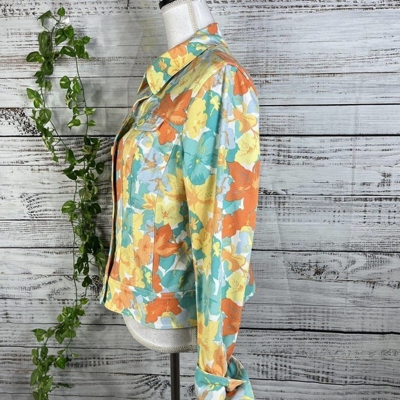 Nicole Miller Denim Jean Jacket size 12 Orange Yellow Floral Pockets Stretch - Picture 9 of 11